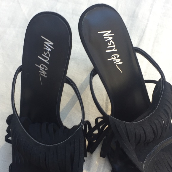 Nasty Gal black fringe stiletto heels sandals - Picture 4 of 4